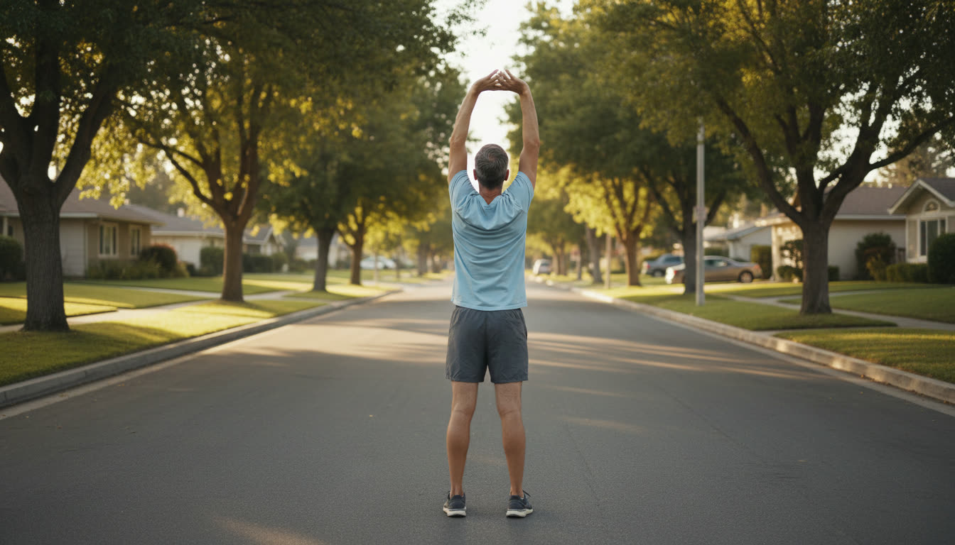 Man stretching with ease in golden morning light